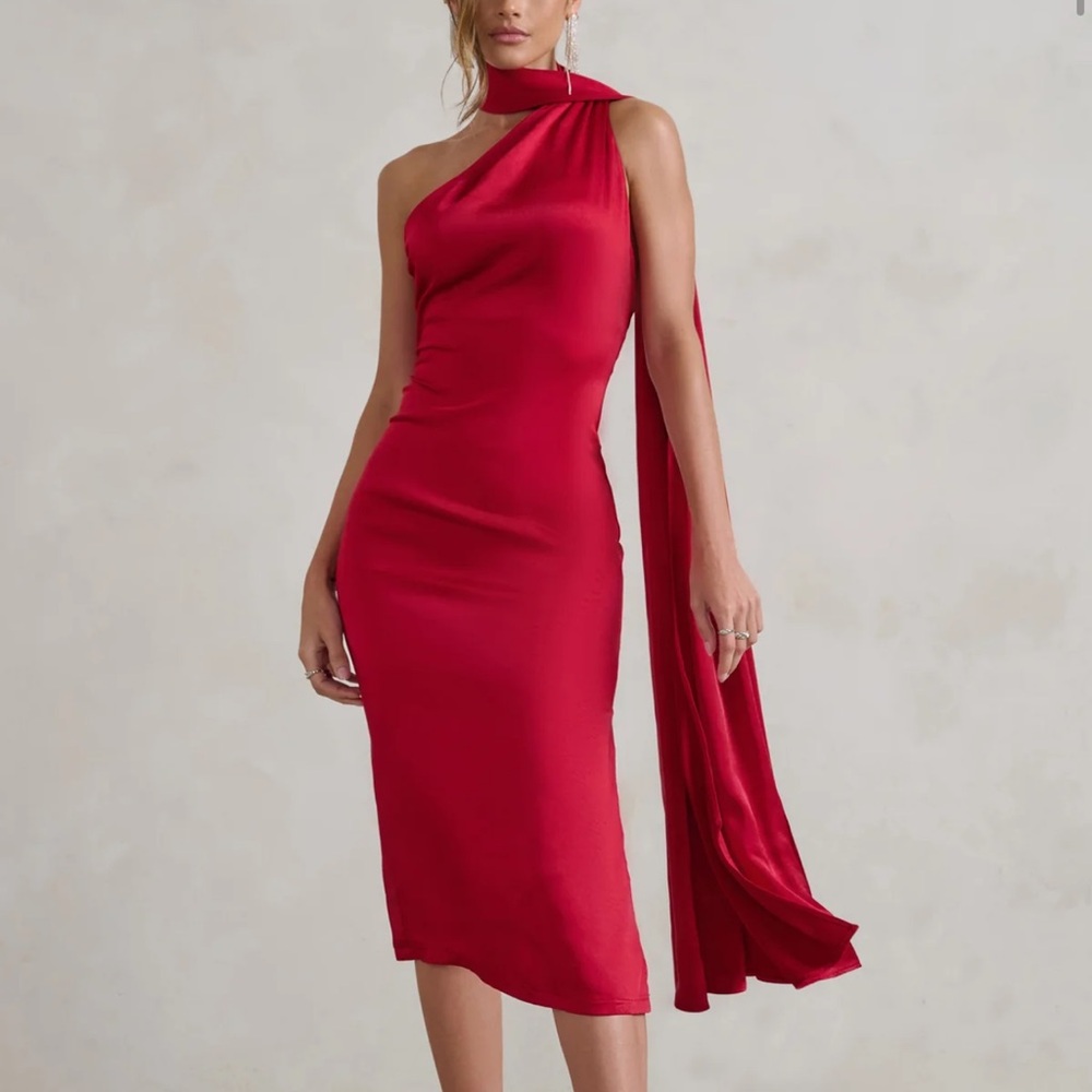 Club L London BERRY RED SATIN ASYMMETRIC SCARF NECK BACKLESS MIDI DRESS